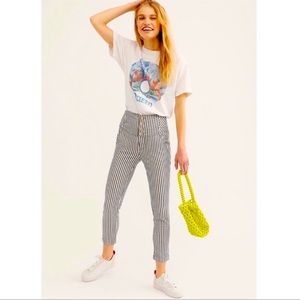 Free People Blue Striped High Rise Button Up Front Tapered Leg Pants Women Sz 4